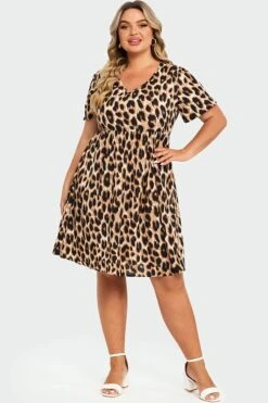 V-Neck Leopard Print Flutter Sleeve Midi Dress