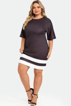 Black&White Short Sleeve Round Neck Midi Dress