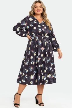 Black Floral Long Sleeve V Neck Midi Dress