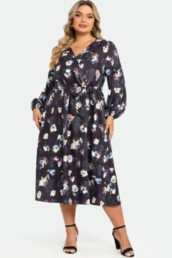 Black Floral Long Sleeve V Neck Midi Dress -Trendy Bikini Set Sales Store c sd034001 4