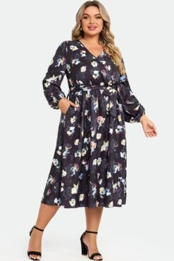 Black Floral Long Sleeve V Neck Midi Dress -Trendy Bikini Set Sales Store c sd034001 5