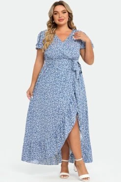 Plus Size Floral Flutter Sleeve Ruffle Belted Maxi Dress -Trendy Bikini Set Sales Store c sd036002 4