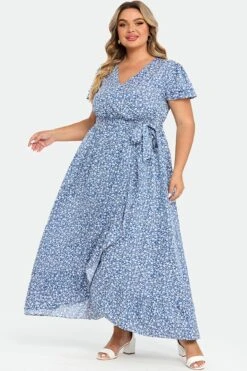 Plus Size Floral Flutter Sleeve Ruffle Belted Maxi Dress -Trendy Bikini Set Sales Store c sd036002 6