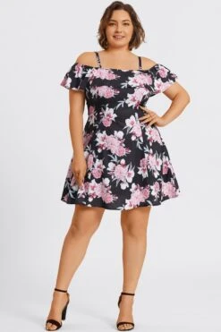 Floral Print Cold Shoulder Flutter Sleeve Midi Dress