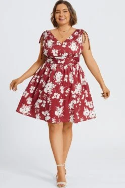 Floral Print Shirred Back Drawstring Shoulder Midi Dress