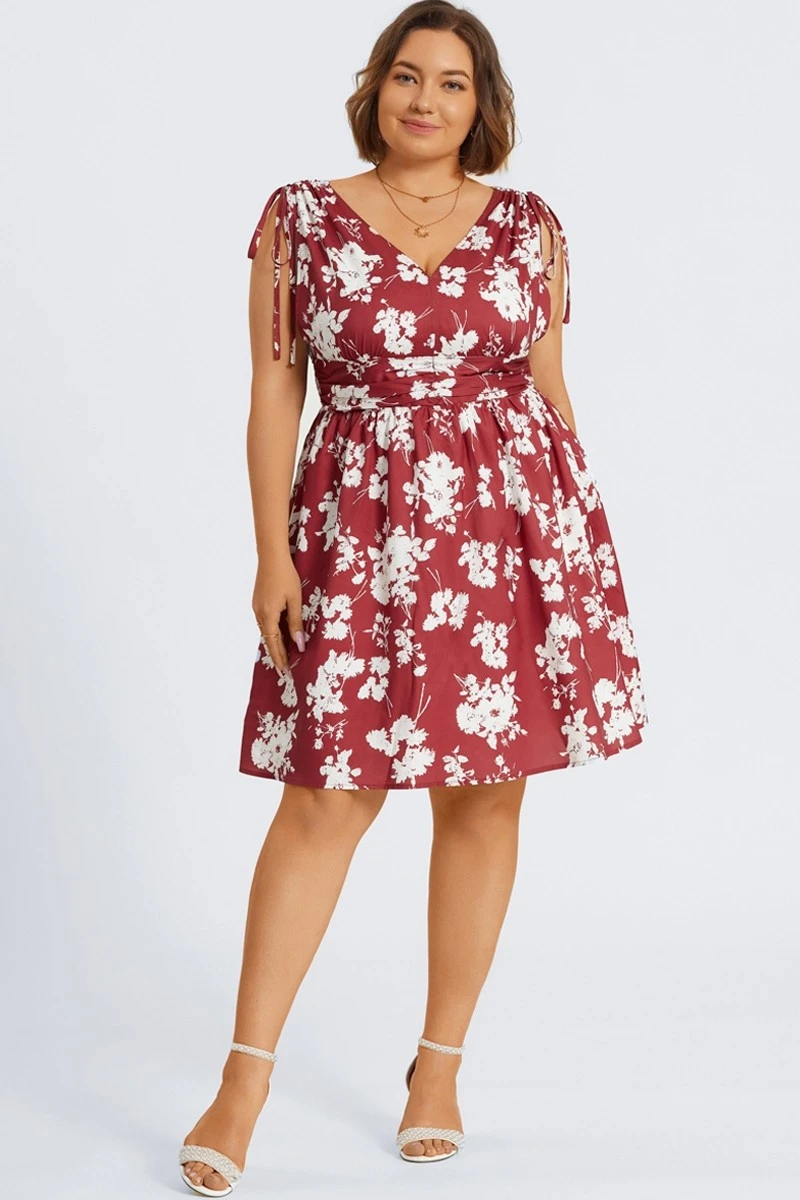 Floral Print Shirred Back Drawstring Shoulder Midi Dress 4 Floral Print Shirred Back Drawstring Shoulder Midi Dress - Image 4