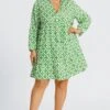 Green Floral Print Tie Neck Smock Midi Dress