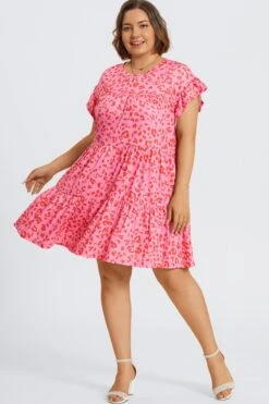 Pink Leopard Print Ruffle Short Sleeves Midi Dress