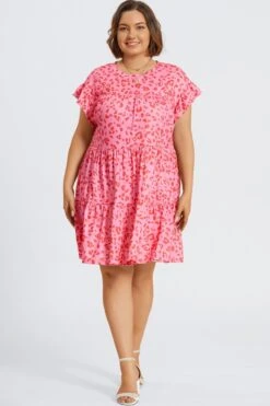 Pink Leopard Print Ruffle Short Sleeves Midi Dress -Trendy Bikini Set Sales Store c sd066001 3