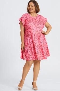 Pink Leopard Print Ruffle Short Sleeves Midi Dress -Trendy Bikini Set Sales Store c sd066001 4