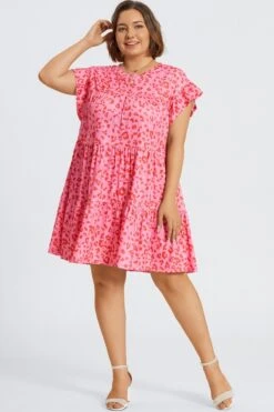 Pink Leopard Print Ruffle Short Sleeves Midi Dress -Trendy Bikini Set Sales Store c sd066001 5