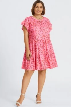 Pink Leopard Print Ruffle Short Sleeves Midi Dress -Trendy Bikini Set Sales Store c sd066001 6