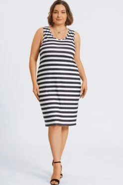 Plus Size Black ＆ White Stripe Midi Dress -Trendy Bikini Set Sales Store c sd067001 4