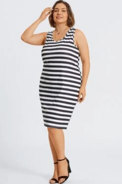 Plus Size Black ＆ White Stripe Midi Dress -Trendy Bikini Set Sales Store c sd067001 5