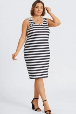 Plus Size Black ＆ White Stripe Midi Dress -Trendy Bikini Set Sales Store c sd067001 6