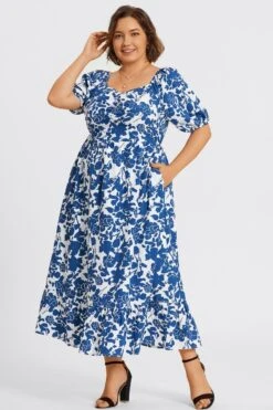 Floral Print Square Neck Pocket Ruffle Hem Maxi Dress