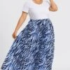 Zebra Print Flowing Crinkled Elastic Waist Long Skirt