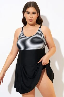 Black & White Stripe Elastic Adjustable Straps Swimdress -Trendy Bikini Set Sales Store dsc00469