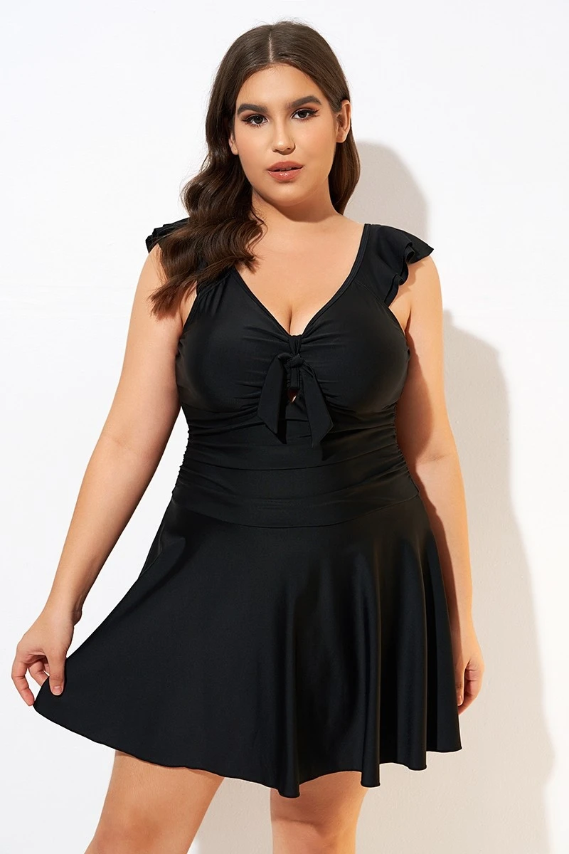 Ruffle Swimsuit Tie Knot Front Ruched Vintage Swimdress 1 Ruffle Swimsuit Tie Knot Front Ruched Vintage Swimdress