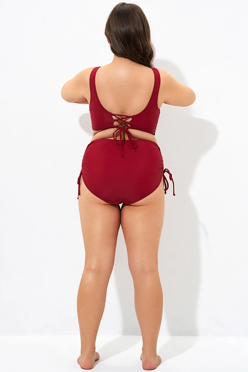Red Drawstring Side High Waisted Bikini Bottom 2 Red Drawstring Side High Waisted Bikini Bottom - Image 2