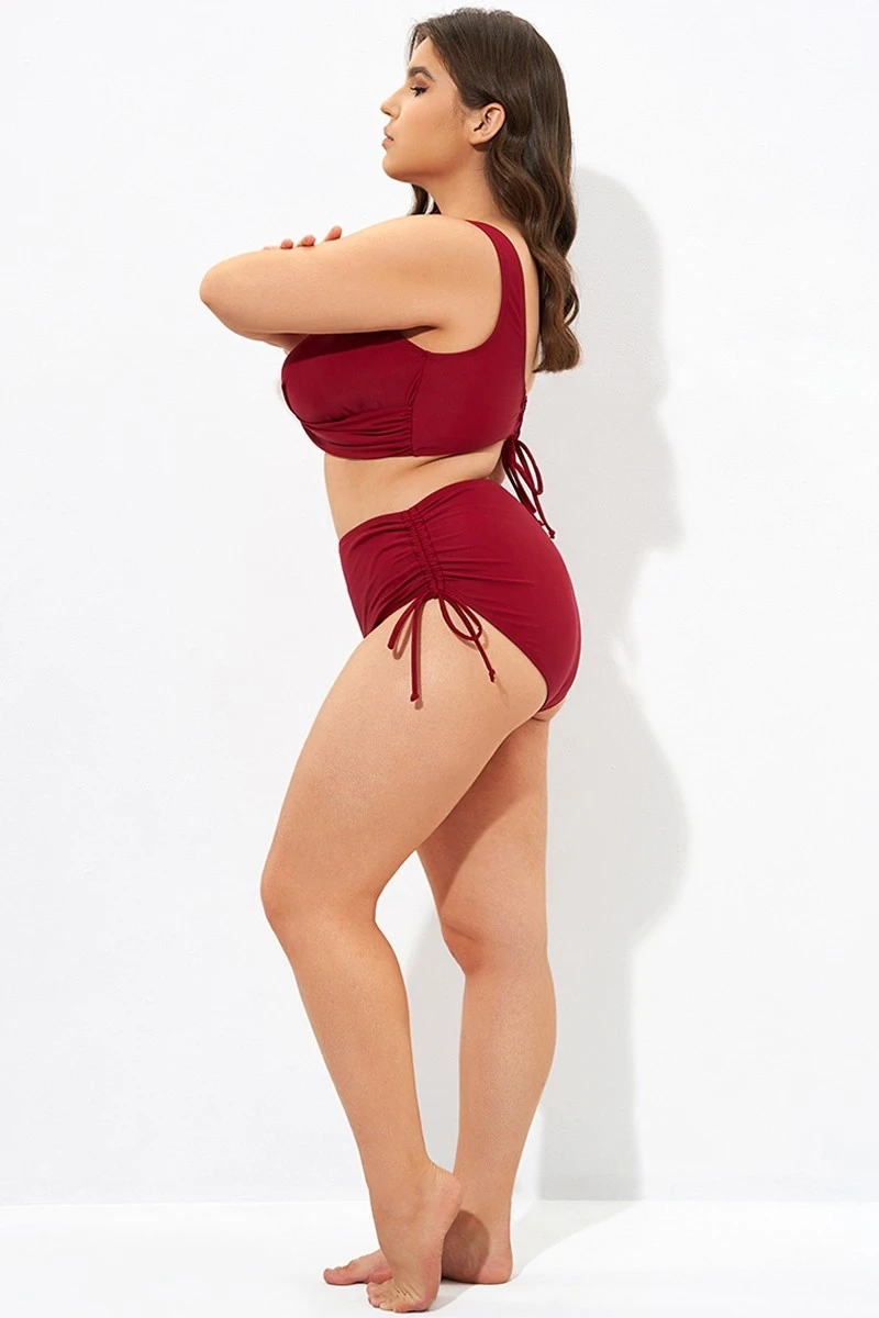Red Drawstring Side High Waisted Bikini Bottom 3 Red Drawstring Side High Waisted Bikini Bottom - Image 3