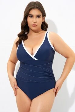 Blue Twist Front Plunge White Trim One Piece Swimsuit -Trendy Bikini Set Sales Store dsc07367