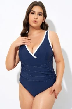 Blue Twist Front Plunge White Trim One Piece Swimsuit -Trendy Bikini Set Sales Store dsc07391