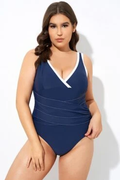 Blue Twist Front Plunge White Trim One Piece Swimsuit -Trendy Bikini Set Sales Store dsc07396