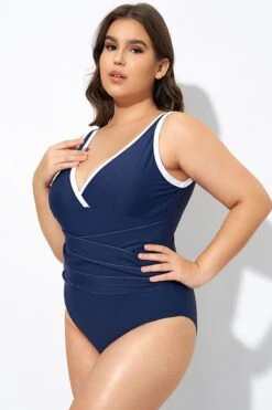 Blue Twist Front Plunge White Trim One Piece Swimsuit -Trendy Bikini Set Sales Store dsc07431