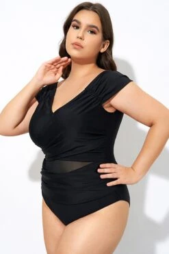 Black Mesh Cap Sleeve Cut Out One Piece Swimsuit -Trendy Bikini Set Sales Store dsc07704